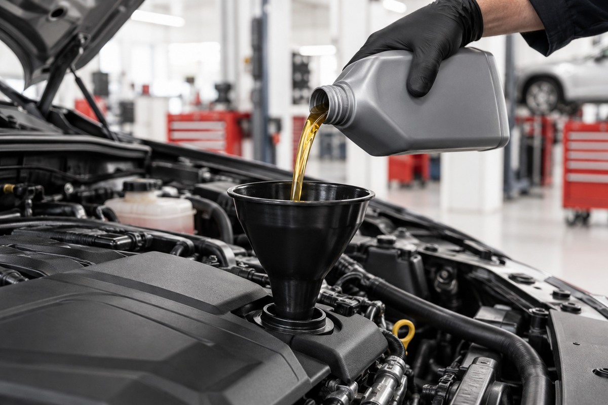 Technician performing oil service