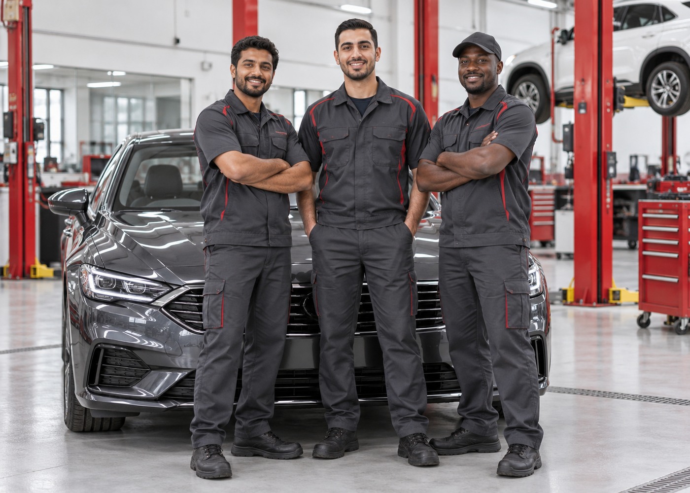 Professional workshop team beside a premium car